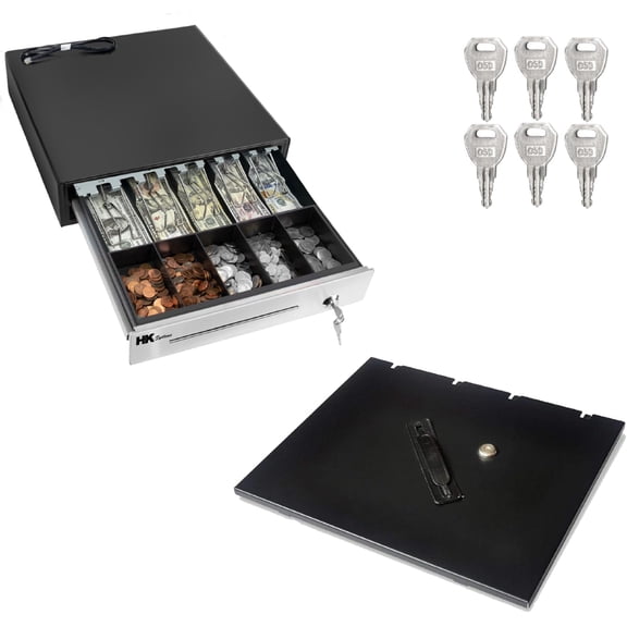 HK SYSTEMS 16""Stainless Steel" Front Heavy Duty Black POS Cash Drawer with 5Bill/5Coin and Till Cover