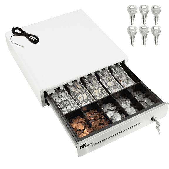 HK SYSTEMS 16inch "Stainless Steel" Front White Heavy Duty POS Interface Cash Drawer with 5Bill/5Coin