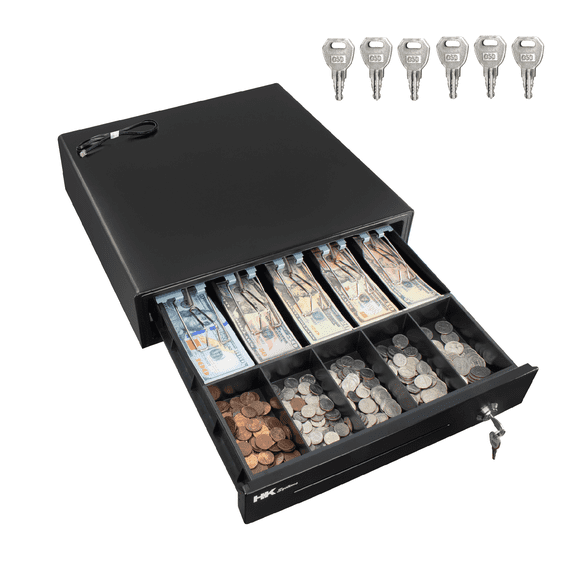 HK SYSTEMS 16inch Heavy Duty POS Cash Drawer with 5Bill/5Coin, Removable Coin Compartment, 24V, RJ11, Single Large Media Slot, Black