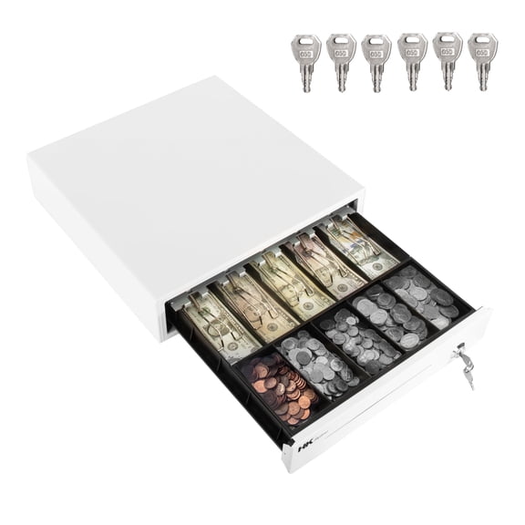 HK SYSTEMS 16inch Heavy Duty POS Cash Drawer with 5Bill/5Coin, Removable Coin Compartment, 24V, RJ11, Single Large Media Slot, White
