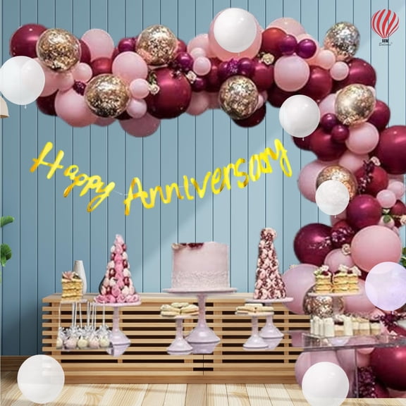 HK balloons 63 pcs Burgundy Balloons For Anniversary Decoration Item For Couples Burgundy Themed Birthday Decoration Set Happy Anniversary Decoration Balloons Kit