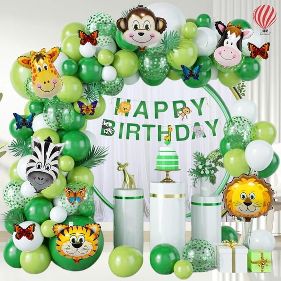 HK balloons 67 Pcs Jungle theme Birthday Party Decorations items For Forest Theme Happy Birthday Banner With Animal Foil & Multi Color butterfly Party Decorations for a Wild Celebration Items for Boy