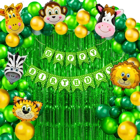 HK balloons Pack of 56 Pcs Jungle theme Birthday Party Decorations items For boys Forest Theme Happy Birthday Foil balloons Animal Face Foil, Chrome Balloons for theme birthday party (Pack of 56)