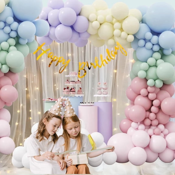 HK balloons Rainbow 59 Pcs Set Happy Birthday Banner Balloon Arch Decoration Set With White Net Curtains And Fairy Light For Birthday Decorations Set Pastel Ballons For Boys Girl Kids