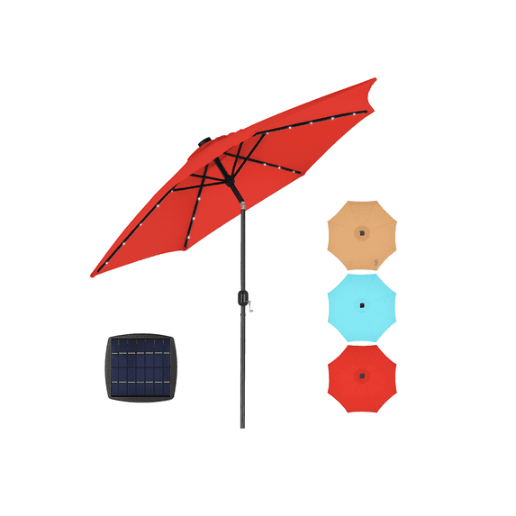 HKAH 10ft Solar Patio Umbrella with 32 LED Lights, Push-Button Tilt & Crank, UV50+ Waterproof Outdoor Canopy with 8 Reinforced Ribs for Garden, Deck, Pool & Market