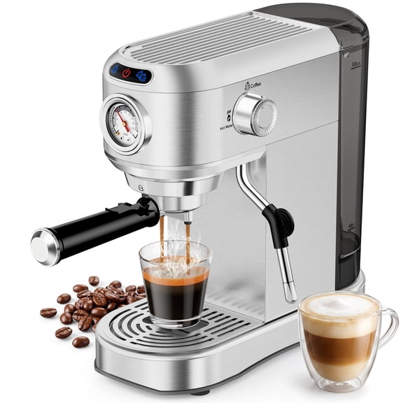 20 Bar Espresso Machine with Milk Frother - Compact Stainless Steel Coffee Maker for Home, 34oz Removable Water Tank, for Latte & Cappuccino - Silver