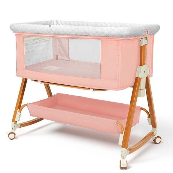 HKAI 3-in-1 Baby Bassinet Bedside Sleeper, Foldable Portable Crib w/Breathable Mesh, Wheels & Storage - Pink