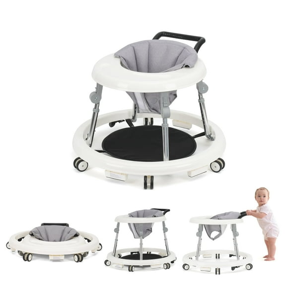 Baby Walker, Portable/Foldable/9 Adjustable Heights/with Wheels/Non-Slip Placement for 6-12 Months, White