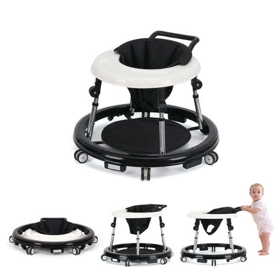 Portable Baby Walker for 6-18 Months | One-Touch Foldable Design with Non-Slip Wheels, 9-Stage Height Adjustment, Black