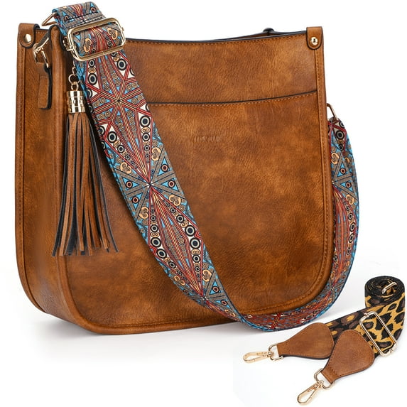 HKCLUF Women's Leather Leopard Hobo Crossbody Shoulder Bag with 2 Guitar Strap, Brown