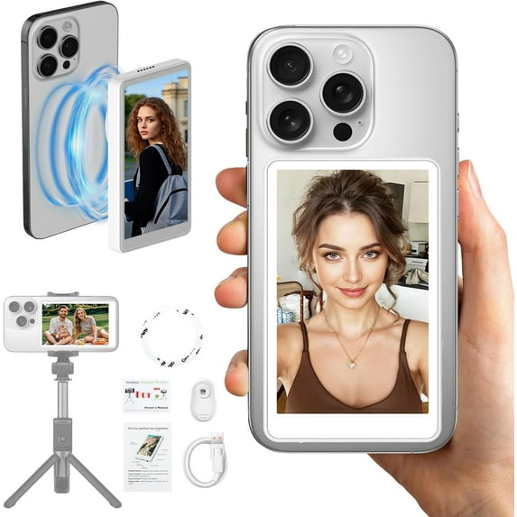 HKCULM Vlog Selfie Monitor Screen, Magnetic Phone Vlog Selfie Monitor Screen 4K 30fps Bluetooth Remote, Wireless Back Camera Monitor, Compatible with iPhone,OPPO,Huawei,Xiaomi,Samsung,White