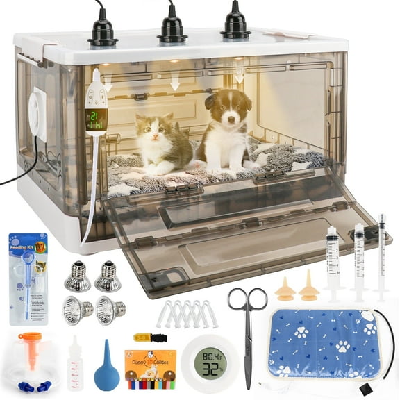 HKDQ Puppy Incubator with Heating - 2025 New Puppy Incubator, Temperature Control & Quiet Ventilation, Kitten Incubator, Incubator for Puppies with 3Heat Lamp (85L)