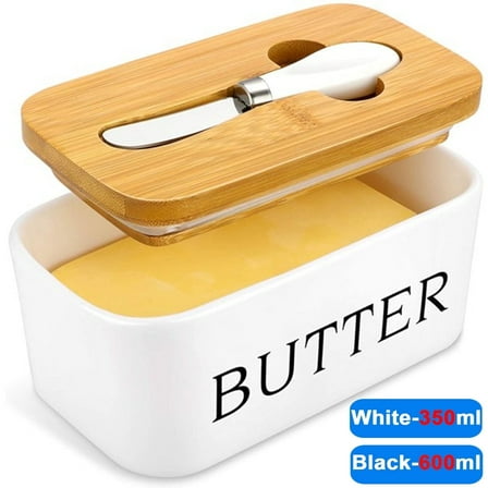 Butter Dish, Ceramic Butter Dish with lid and Stainless Steel Butter Knife Spreader, Butter Keeper Double Silicone Seals, Easy Clean, Butter Dishes with Covers