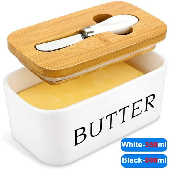 Butter Dish, Ceramic Butter Dish with lid and Stainless Steel Butter Knife Spreader, Butter Keeper Double Silicone Seals, Easy Clean, Butter Dishes with Covers