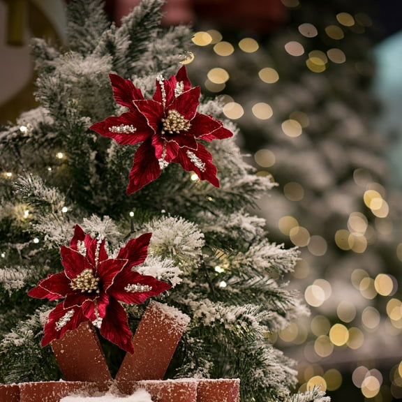 HKEJIAOI 10In Premium Flocked Poinsettia Christmas Tree Ornament Handcrafted Velvet Flower Hanging Decor for Holiday Home Decorations