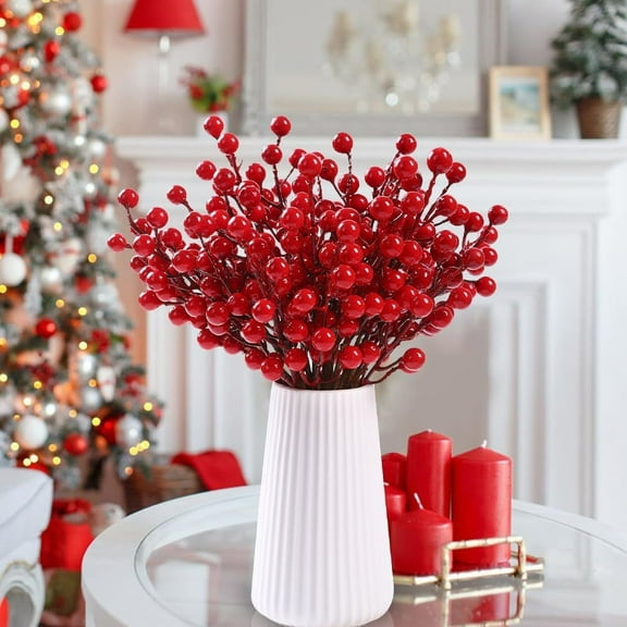 HKEJIAOI 10Pcs Frosted Red Berry Stems for Christmas Tree Decorations, Artificial Snow-Covered Fruit Branches for Wreaths and Home Festive Decor (12 Branches)