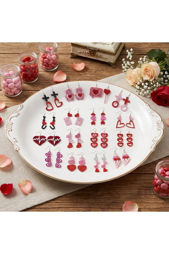 HKEJIAOI 16 Pairs Romantic Motifs Dangle Earrings Set for Women, Valentine's Day Holiday Jewelry Gifts, Acrylic Heart Envelope Teddy Bear Studs