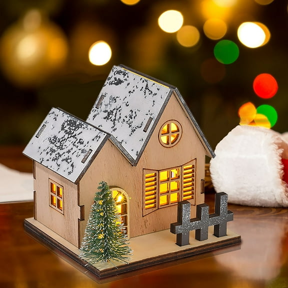 HKEJIAOI 3.7In Luminous Wooden Christmas House with LED Lights, Festive Tabletop Ornament for Home Holiday Decor and Gift Giving