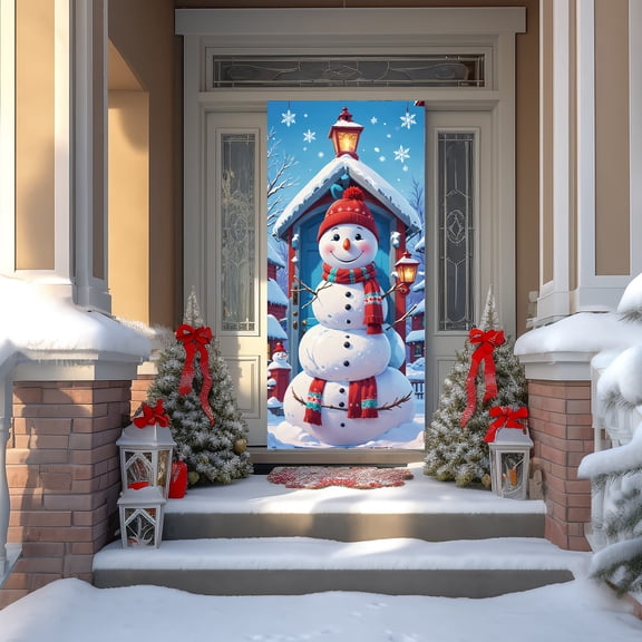 HKEJIAOI 35.43×78.74in Large Christmas Snowman Door Cover Decoration, Front Door Banner Wall Hanging for Holiday Party Indoor Outdoor Decor