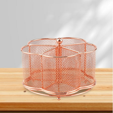 HKEJIAOI 360° Rotating Metal Mesh Desk Organizer with 5 Storage Compartments for Pens, Office & Art Supplies, Rose Gold