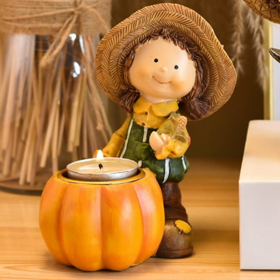 HKEJIAOI 5.31Inch Resin Pumpkin Girl Figurine with Candlestick Rustic Farmhouse Decor for Halloween Thanksgiving Table Centerpiece Home Garden