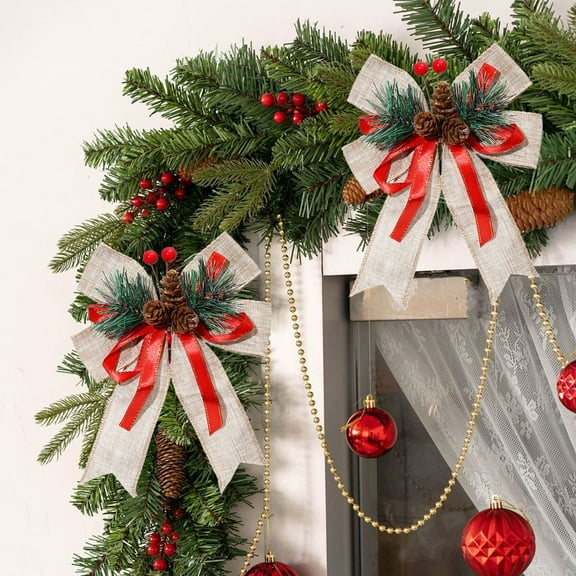 HKEJIAOI 6.5" Elegant Christmas Tree Topper Bow with Pine Cones - Faux Linen Black & Beige Checkered Ornament for Holiday Home Decor