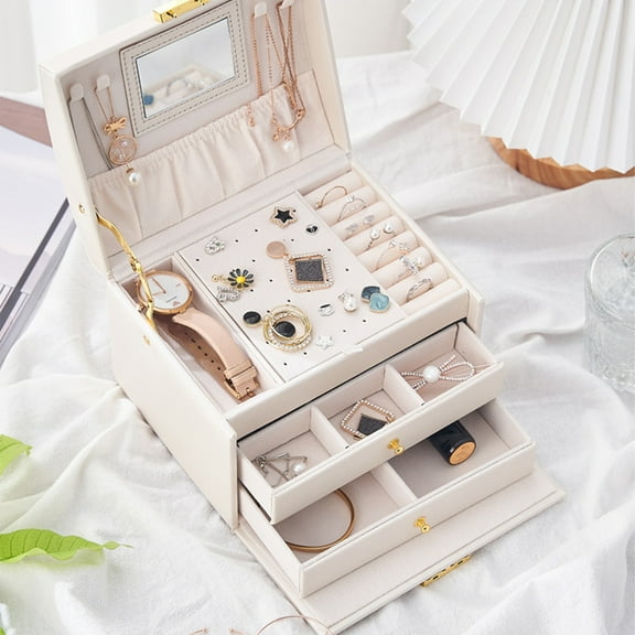 HKEJIAOI 6.69x5.51x5.12in Leather Jewelry Box with Lock & Mirror, 3-Layer Organizer Storage Case for Earrings, Bracelets, Rings, Watches, Gift for Women