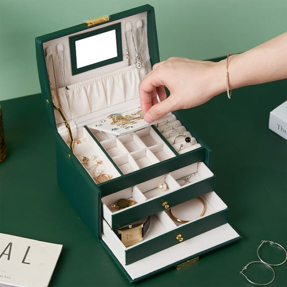 HKEJIAOI 6.69x5.51x5.12in Leather Jewelry Box with Lock & Mirror, 3-Layer Organizer Storage Case for Earrings, Bracelets, Rings, Watches, Gift for Women