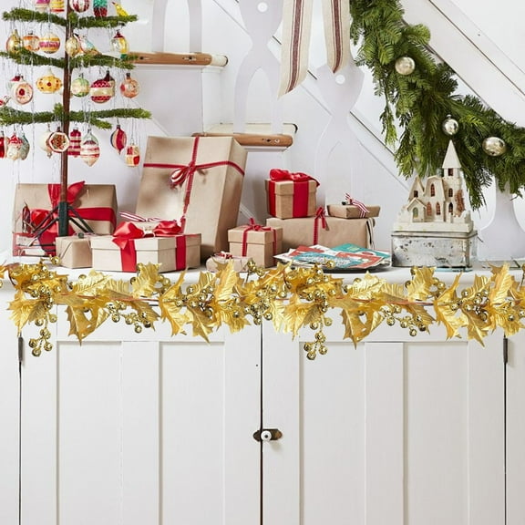 HKEJIAOI 6ft Artificial Christmas Garland with Berries and Foliage, Flexible Metallic Gold Silver Vine for Fireplace Mantel Staircase Doorway Holiday Party Decor