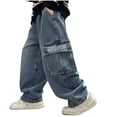 thumbnail image 1 of Lopecy-Sta Baggy Jeans for Children 5-15 Years Y2k Vintage Plain Pants Multiple Pockets Casual Wide Leg Loose Fit Cargo Denim Jeans, 1 of 6