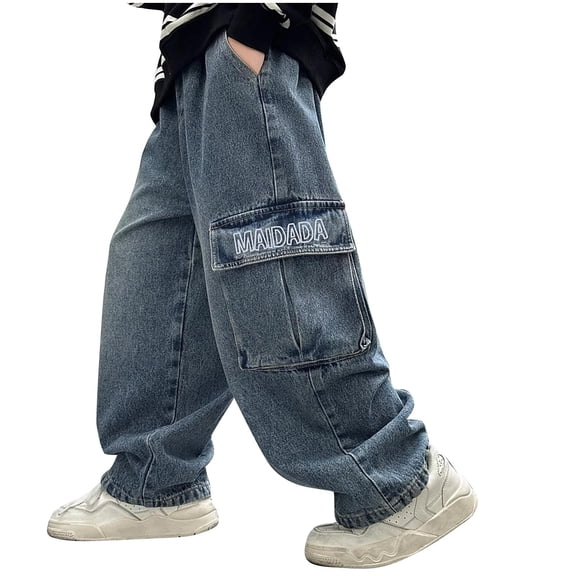 Lopecy-Sta Baggy Jeans for Children 5-15 Years Y2k Vintage Plain Pants Multiple Pockets Casual Wide Leg Loose Fit Cargo Denim Jeans