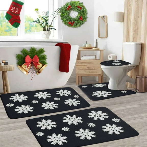 HKEJIAOI Christmas Snowflake Bathroom Rug Set 4-Piece, Non-Slip Absorbent Washable Bath Mat, Toilet Lid Cover, Modern Holiday Decor