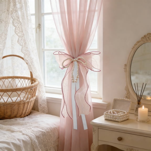 HKEJIAOI Elegant Pearl Accent Bow Window Curtain Tieback Holdback, Drapery Holder for Home Decor, Easy Install No Hardware, Mesh Material