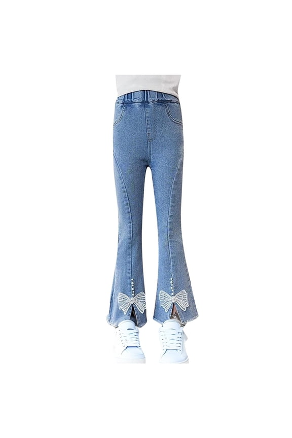 Flare Jeans for Kids Bell Bottom Teen Denim Pants Flared Ripped Cute Bootcut Mid Rise Elastic Band Pockets Kids