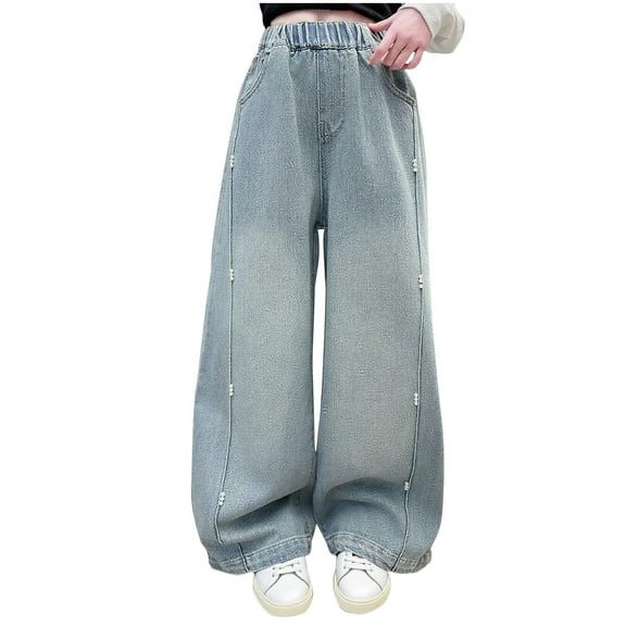 Lopecy-Sta Girls Baggy Jeans-Wide Leg Pearl Denim Pants with Pockets, Fashion Casual Elastic Waistband Jeans for Girls