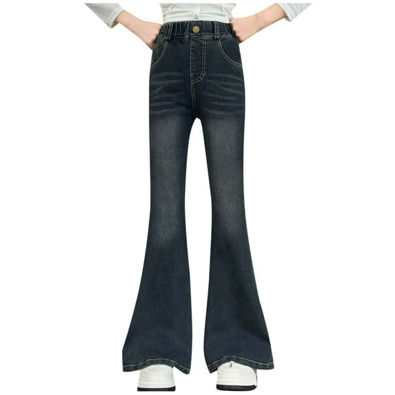 Lopecy-Sta Girls' Jeans 5-15 Years Casual High Waist Wide Leg Jeans Boyfriends Stretch Long Trousers Denim Pants