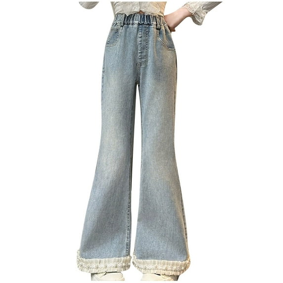 Lopecy-Sta Girls' Jeans 5-15 Years Casual High Waist Wide Leg Jeans Boyfriends Stretch Long Trousers Denim Pants