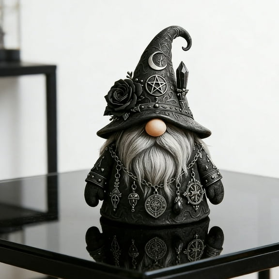 HKEJIAOI Gothic Gnome Figurine with Crescent Moon Pentagram Black Rose Occult Home Decor Shelf Altar Halloween Mystical Gift