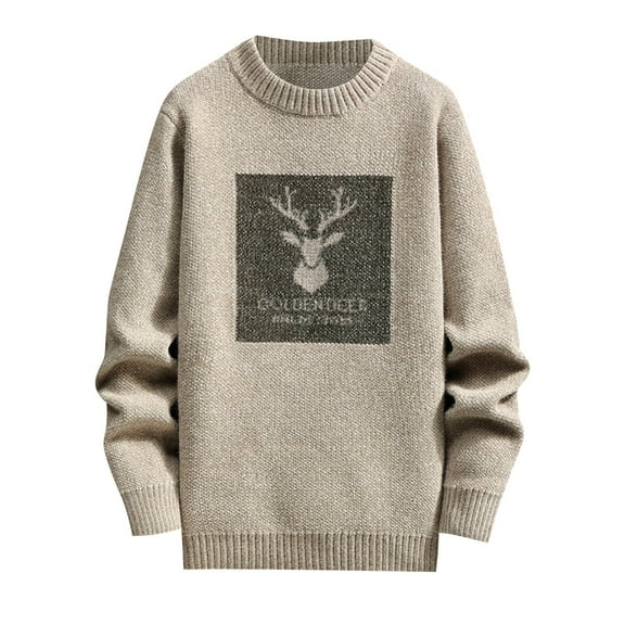 HKEJIAOI Men's Sweaters Trendy Christmas Deer Print Sweater Base Loose Knitted Fleece Long Sleeves Business Casual Pullovers