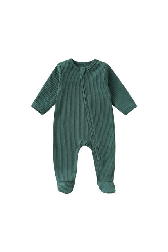 Newnorn Baby Footie Romper with Mitten Cuffs Zipper Solid Color Round Neck Long Sleeved Cotton Pajamas One-Piece Jumpsuit Sleeper Infant Clothes