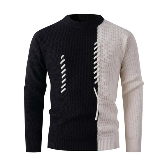 HKEJIAOI Patchwork Sweater for Men Colorblock Jumper Cable Knitted Pullover Winter Warm Casual Round-Neck Sweater
