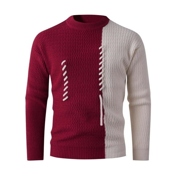 HKEJIAOI Patchwork Sweater for Men Colorblock Jumper Cable Knitted Pullover Winter Warm Casual Round-Neck Sweater