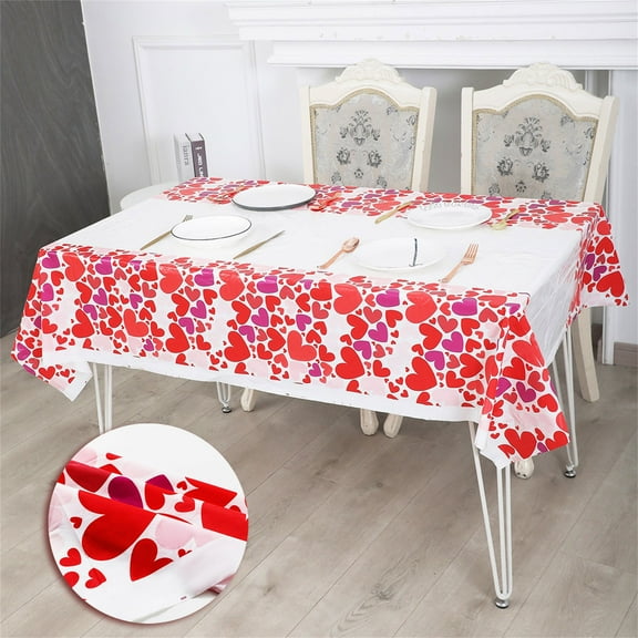 HKEJIAOI Valentine's Day Party Disposable Plastic Tablecloth 71"x42" Oilproof Waterproof Rectangle Table Cover for Anniversary Celebration, Romantic Heart Design