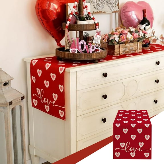 HKEJIAOI Valentine's Day Table Runner Linen Tablecloth for Wedding Kitchen Party Holiday Picnic 13x72 Inch Long Romantic Hear