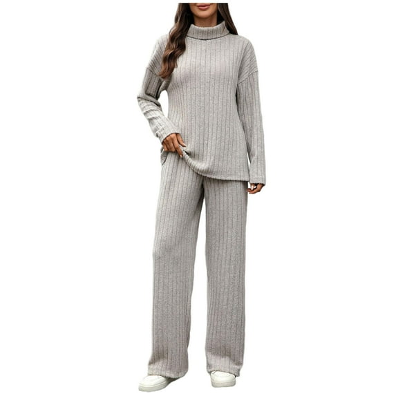 HKEJIAOI Women's 2 Piece Outfits Turtleneck Solid Color Sweaters Lounge Set and Wide Leg Pants Cozy Knit Sweatsuit Sets