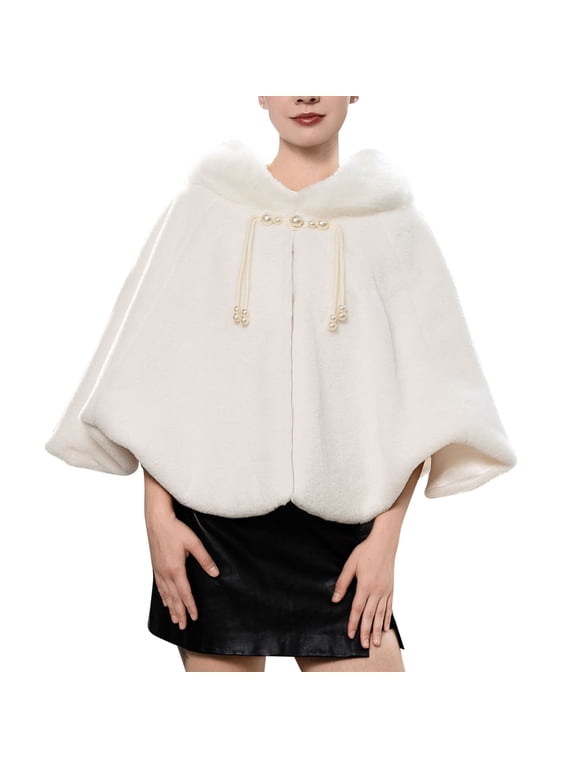 Women's Cape Coat Faux Fur Cloak Warm Shawl Wrap Shrug for Winter Wedding Evening Bride Bridesmaids Halloween Christmas Wear