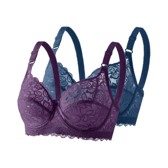 Lopecy-Sta Womens Bra 2PC Lace Bra Solid Color Underwire Unlined Bra Full Coverage Non Padded Soft Daily Bra for Women