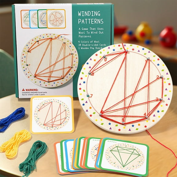 HKEJIAOI Wooden Threading Nail Board Puzzle, Early Education Toys with 20 Double-Sided Cards & Yarn for Hands-On Learning, Fine Motor Skills, Hand-Eye Coordination, Logic Training