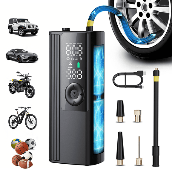 HKHKPI Cordless Tire Inflator Portable Air Compressor, Tire Pump for Car Tires with Digital Pressure Gauge, Automatic Shutoff, LED Light, 150 Psi Cordless Pump for Car, Bike, Motorcycle,Ball