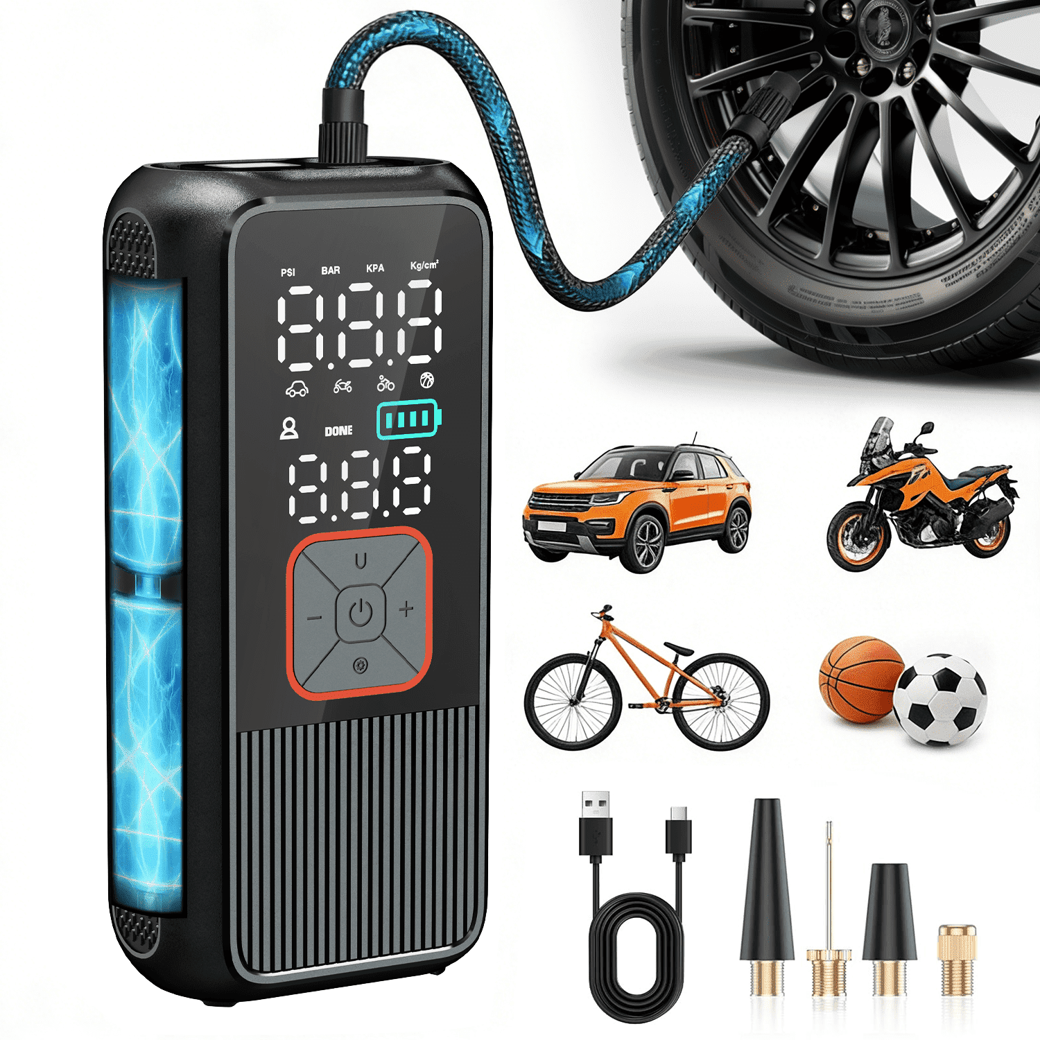 HKHKPI 150PSI Cordless Tire Inflator with Digital Pressure Gauge, LED Light, Air Compressor Portable Tire Pump for Bike, Car, Motor,Ball